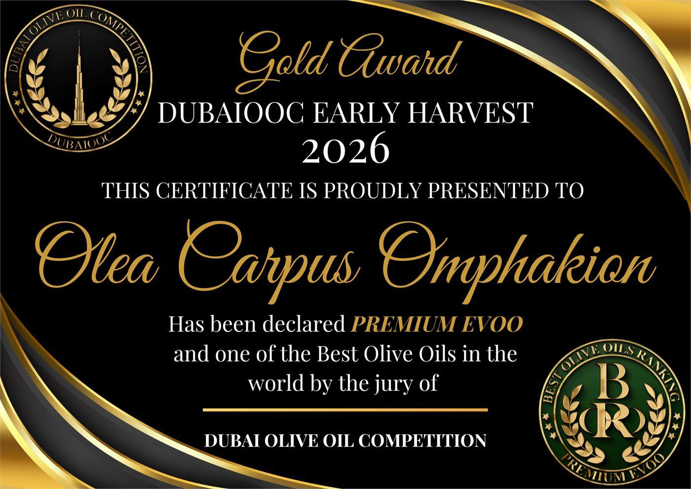 Dubai Olive Oil Competition 2026 Gold Award for Olea Carpus Omphakion