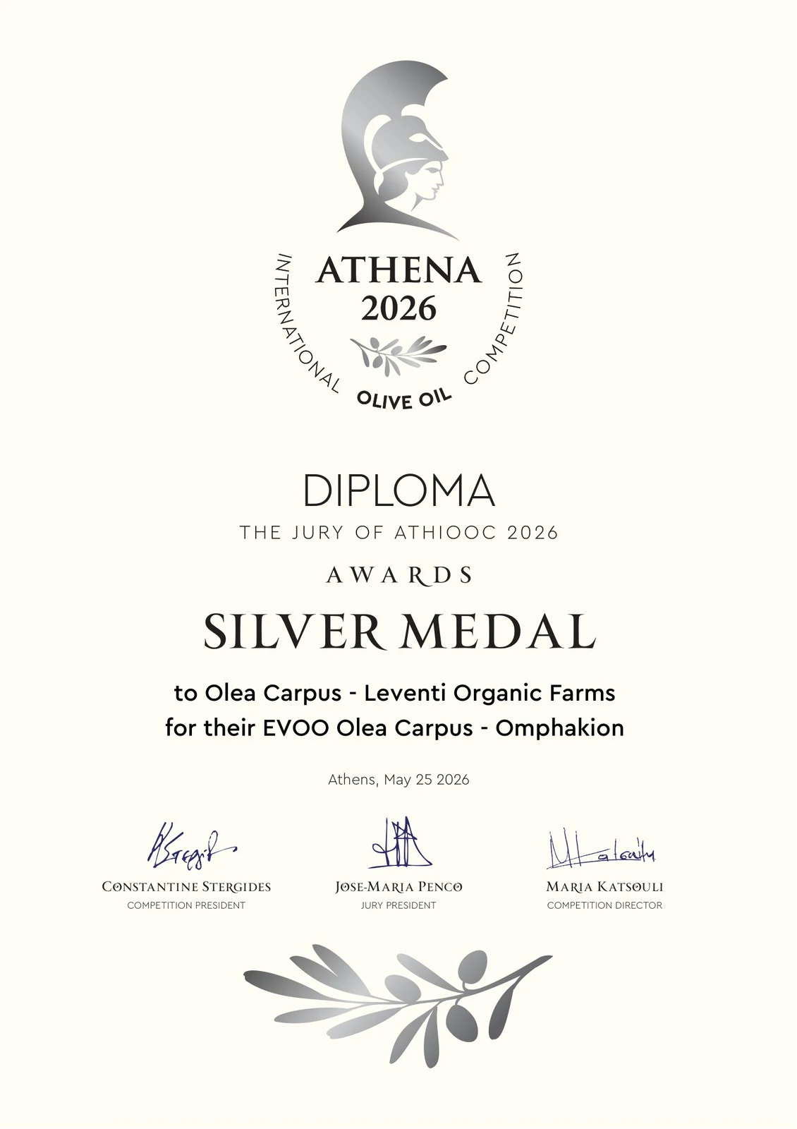 ATHIOOC 2026 Silver Medal για το Olea Carpus Omphakion