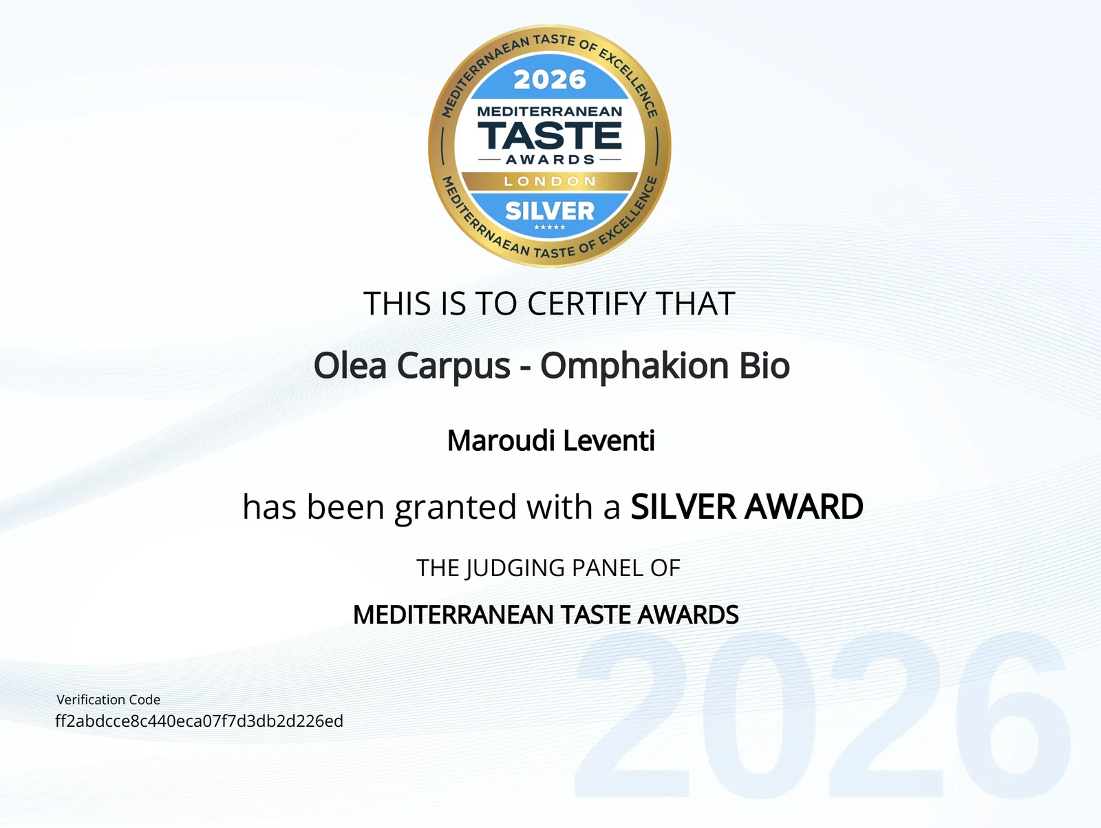 Mediterranean Taste Awards 2026 Silver Award για το Olea Carpus Omphakion