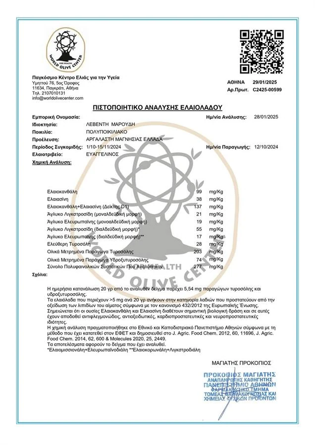 Πιστοποιητικό World Olive Center for Health 2024-2025 στα ελληνικά