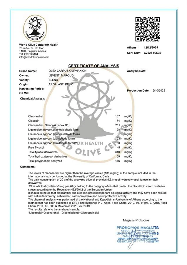 World Olive Center for Health certificate 2025-2026 in English
